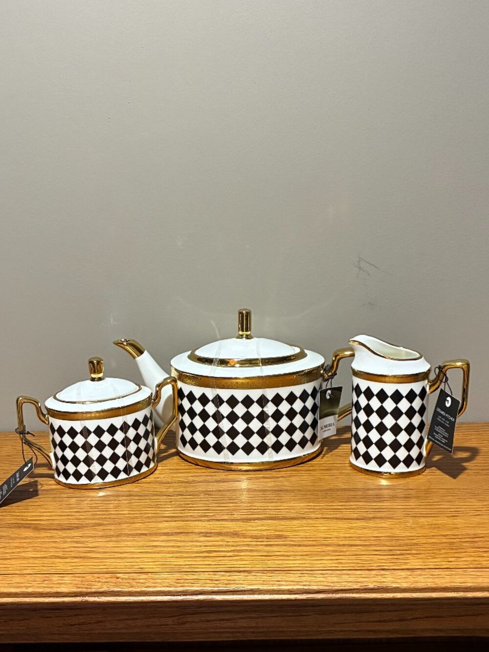 Almeria Collection White/Black Checkerboard Teapot, Creamer, Sugar Bowl - New